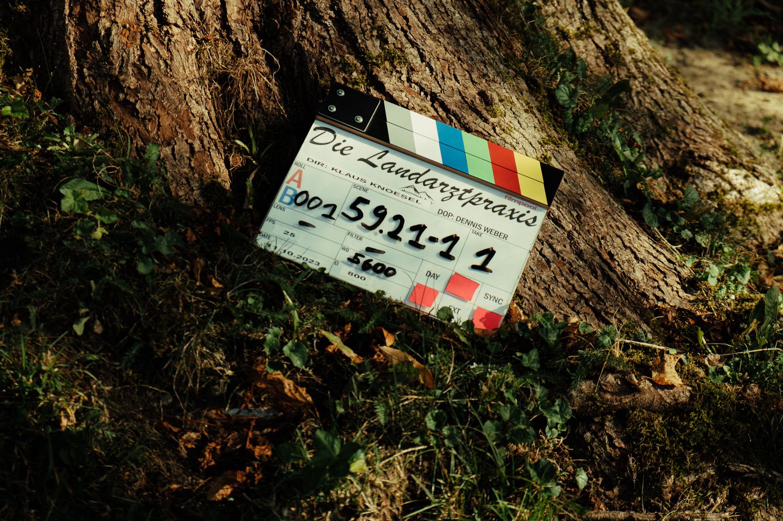 slate “die landarztpraxis” on a tree trunk